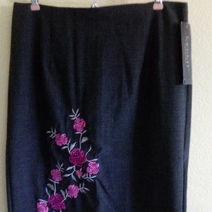Grey Pencil Skirt with Pink Embroidered Flowers